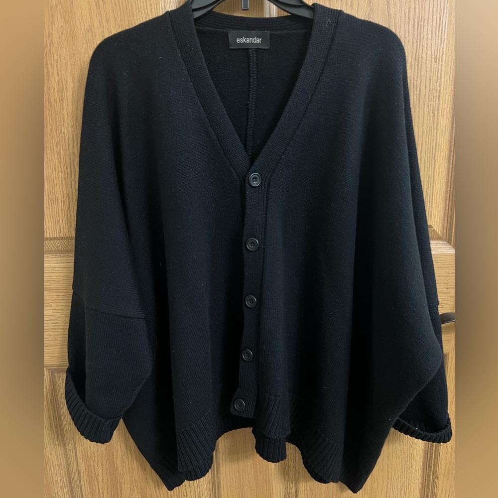 Eskandar Boxy Button-Down Cardigan-Black | Lagenlook Minimalist Layering Piece